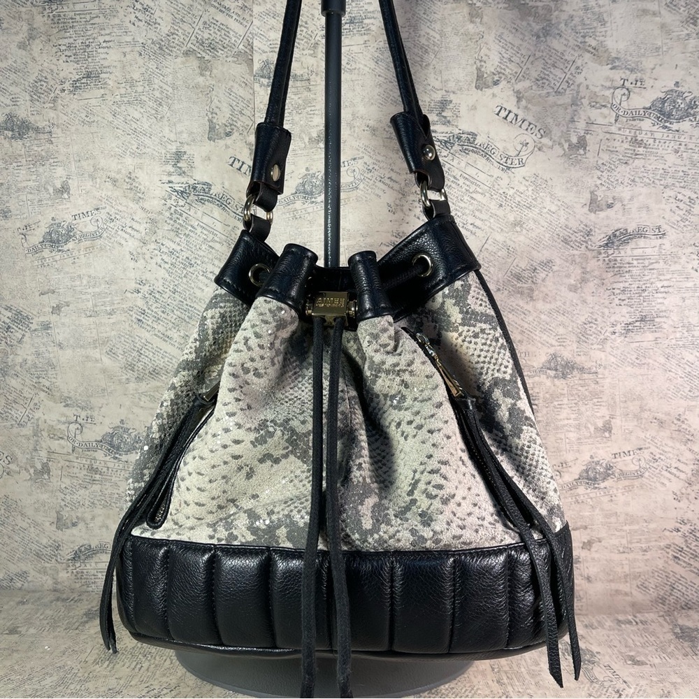 Aimee Kestenberg Leather Drawstring Purse Black + Snake Print